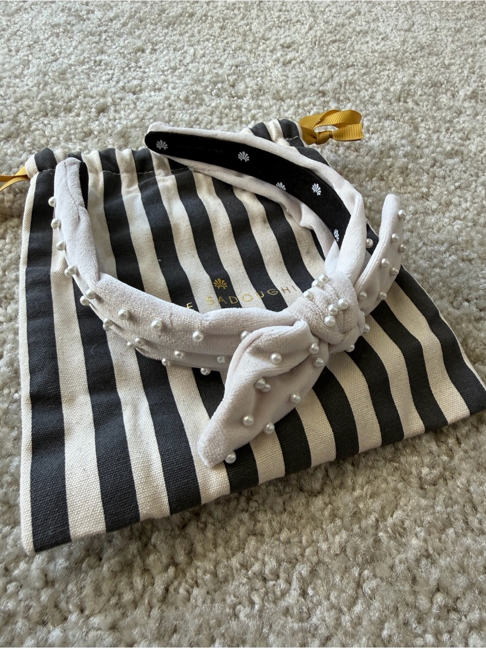 Light Grey/Beige Velvet Lele Sadoughi Headband with Pearl Embellishment